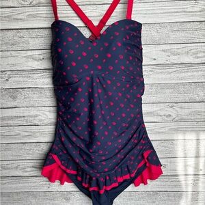Blue and Red Polka Dot One Piece Retro Swimsuit with Ruffle Trim